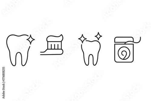 Minimalistic Tooth Cleaning and Washing Icon Set with Sparkling Teeth, Toothbrush with Paste, and Dental Floss, Vector Cartoon Illustration for Web, Apps, Social Media, Banners, and Graphic Design