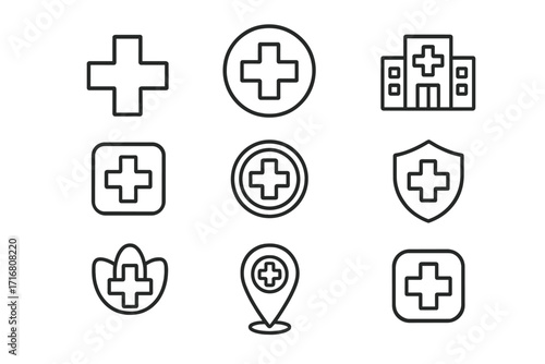 Medical cross hospital thin line icon set. Health care, medicine, emergency aid symbols. Vector icons for clinic, pharmacy, first aid, location pin, protection shield.