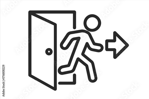 Emergency exit door icon. Man running symbol. Safety evacuation sign. Escape route concept. Warning pictogram for fire or disaster. Outline vector illustration isolated.