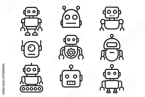 Robot line icon collection. Editable stroke vector. Minimal linear pictogram set. Future technology, AI, android, bot, cyborg characters. Automation, machine learning concept.