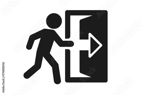 Exit symbol vector icon. Man running to an open door. Emergency escape pictogram. Concept for evacuation, safety, way out. Fire exit sign. Silhouette of person leaving.