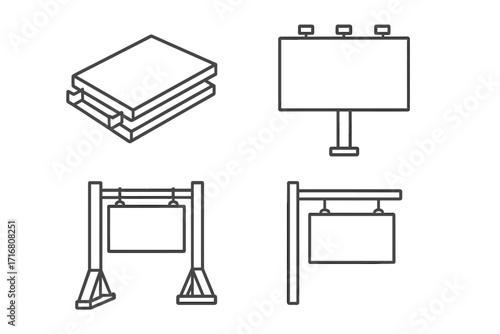Sandwich panel, billboard, signboard line icon set. Advertising and construction symbols. Minimalistic linear pictograms with editable stroke for graphic and web design.