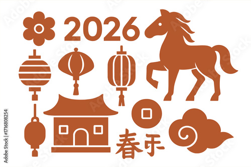 Chinese New Year 2026 Year of the Horse design elements set. Vector flat silhouettes of lantern, coin, flower, cloud and traditional Asian icons for celebration.