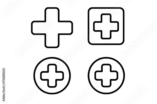 Medical cross and plus sign icon set. Health care, hospital, and first aid symbols. Outline vector icons for UI, web design, apps, and emergency services. Editable stroke.