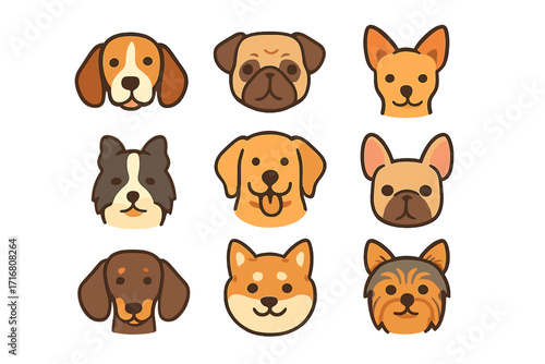 Dog head icon set. Cute cartoon dog breeds collection. Vector flat style illustration. Pet animal faces for avatar or logo design. Beagle, Pug, Golden Retriever, Shiba Inu.