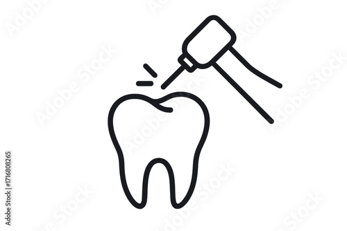 Minimalistic thin outline tooth icon with dental drill, dental care symbol, dentist tool, oral hygiene illustration for web design, apps, banners, social media, vector cartoon transparent background