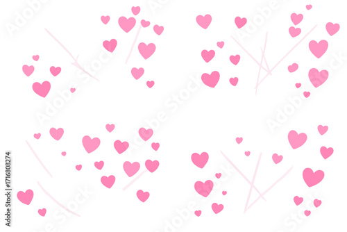 Set of four romantic backgrounds with pink flying hearts. Abstract love concept for Valentine's day. Crystal light leak, flare reflection, and soft heart bokeh effect. Vector.