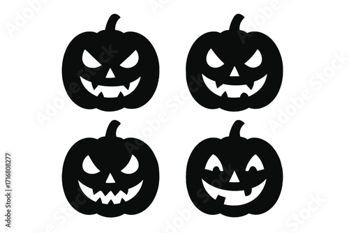 Halloween pumpkin icon set. Spooky jack o lantern silhouette collection. Vector illustration of carved pumpkins with scary, creepy, and funny faces for holiday design.