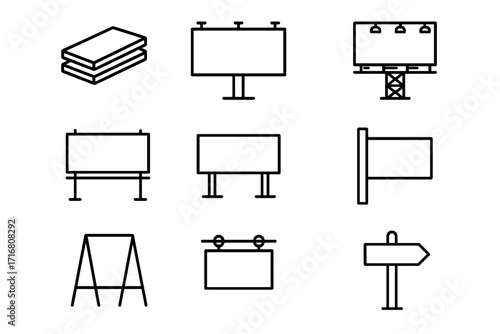 Advertising signs and billboard line icon set. Sandwich panel, signboard, A-frame, and directional arrow pictogram. Marketing and promotion concept. Editable stroke vector.