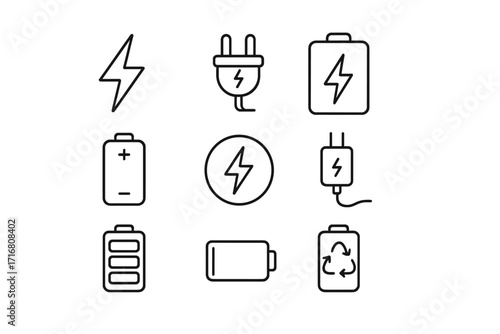 Battery charge and power line icon collection. Vector symbols of energy, electricity, charging plug, and accumulator. Minimal outline pictograms with editable stroke for UI/UX design.