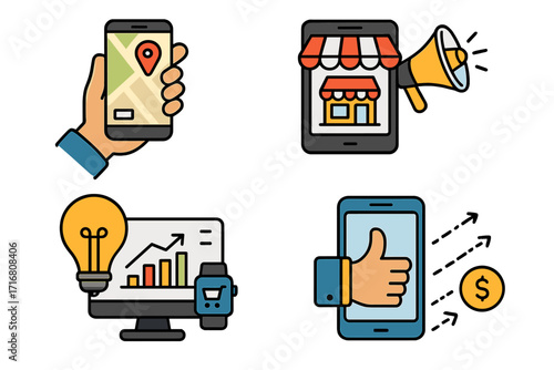 Digital marketing and e-commerce icon set. Business technology concepts like online store promotion, mobile GPS navigation, data analytics, and social media monetization.