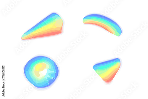 Abstract rainbow holographic prism light effect set. Vector crystal flare, glass dispersion, and caustics shadow overlay. Iridescent gradient mesh design elements for background.