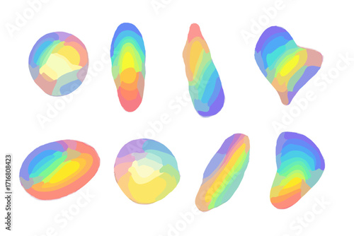 Abstract holographic gradient shapes collection. Vibrant rainbow spots of reflected sunlight. Caustic light leak and prism flare effect. Crystal glass dispersion and overlay.