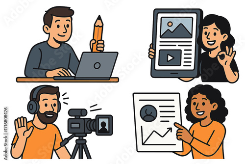 Content creation vector cartoon set. Digital marketing, blogging, vlogging, social media management. People working on laptop, recording video, showing analytics report concept.