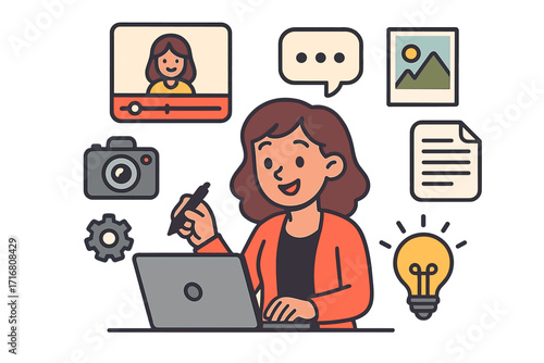 Content creator making quality media. Blogger at work. Woman creating video, photo, text for social media. Digital marketing strategy. Copywriting, vlogging concept vector.