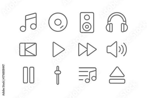 Music player interface line icon set. Audio control buttons pictogram collection. Editable stroke vector for app and web design. Play, pause, volume, and playlist symbols.