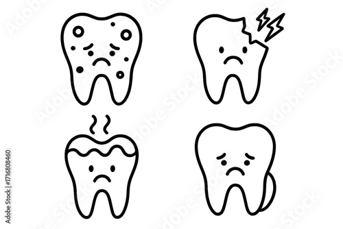 Unhealthy sad tooth vector illustration set with decay, cavity, pain, bad smell, lightning pain symbol, dental problems concept, outline cartoon icons for graphic and web design