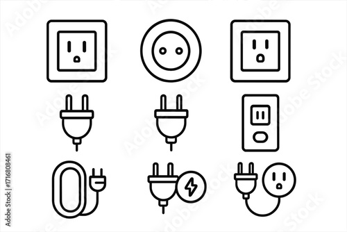Set of electricity line icons. Power plug, socket and outlet vector symbols. Editable stroke pictogram for energy, connection and charging concepts. Electric adapter signs.
