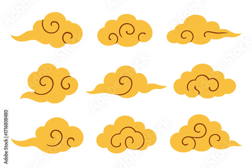 Collection of gold clouds in Chinese style. Flat hand drawn vector illustration. Traditional Japanese oriental ornament. Asian decorative element for design. Set of abstract shapes.