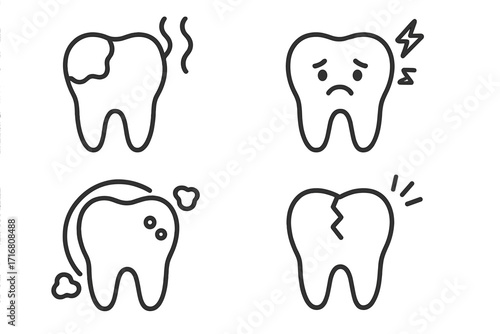 Tooth outline icon set with dental issues symbols, cavity, toothache pain, bad breath, cracked tooth, vector cartoon illustration for dental care, health, and medical design