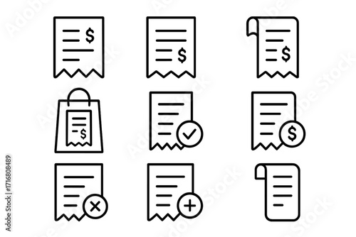 Receipt icon set. Bill, invoice, and payment thin line icons. Financial transaction, shopping expense, and store purchase symbols. Minimalist vector pictogram. Editable stroke.
