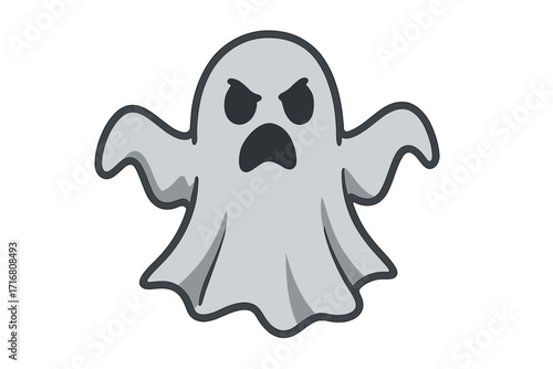 Angry ghost icon. Spooky flying phantom character for Halloween. Scary monster spirit illustration. Vector ghoul or poltergeist apparition with an evil expression. Cartoon horror.