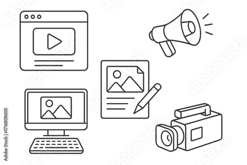 Digital content creation icon set for marketing and promotion. Vector line art illustration of video production, blogging, social media, and advertising on a computer screen.