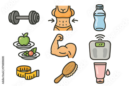 Fitness and body care icon set. Healthy lifestyle cartoon symbols. Vector illustration for gym, diet, weight loss, nutrition, wellness, beauty, and exercise concepts.