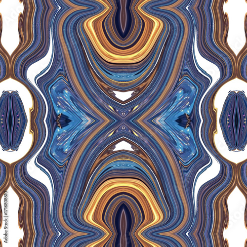 Colorful kaleidoscope abstract art in blue, gold, and brown tones with mirrored symmetry and modern decorative patterns. Vibrant digital background.