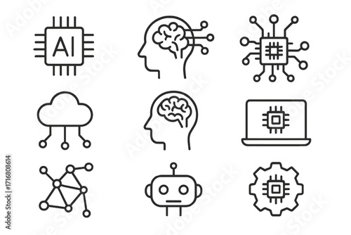 Artificial intelligence line icon set. AI technology, robot head, machine learning brain, neural network, cpu chip simple linear icons. Editable stroke vector pictograms.