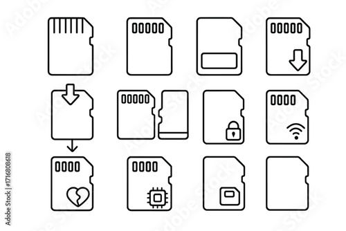 MicroSD memory card line icon set. Flash data storage, micro sd vector symbols. Collection includes download, upload, security lock, wifi, corrupted file, processor chip, adapter.