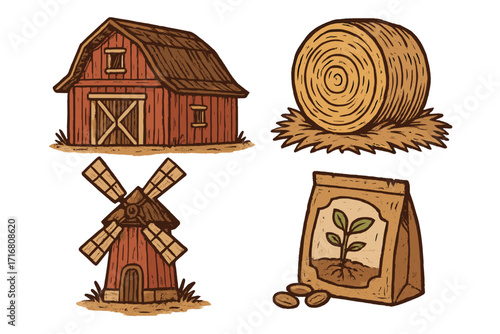 Farming vector illustration set. Rustic hand-drawn icons of a red barn, hay bale, windmill, and seed packet. Agriculture, countryside, harvest, and rural life concept.