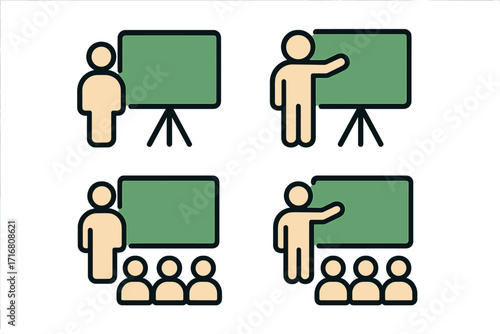 Minimalistic icon collection of user by green presentation board, people teaching and presenting concepts, business training, education, seminar, workshop, meeting symbols for web and graphic design