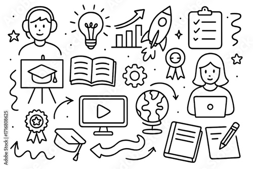 E-learning doodle illustration set. Online education, knowledge, and personal growth concept. Hand-drawn icons for webinar, internet course, and skill development success.