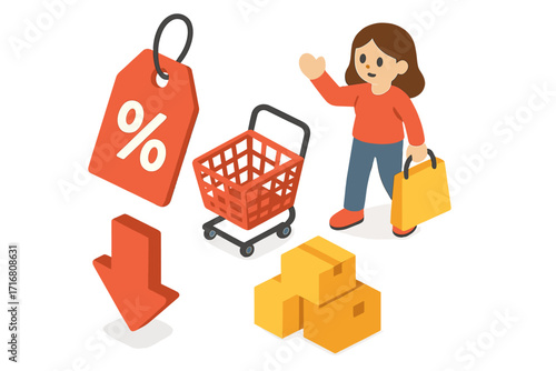 Shopping discount isometric vector set. Woman customer with cart, price tag and boxes. E-commerce promotion, sale and price drop concept for retail. Flat cartoon illustration.