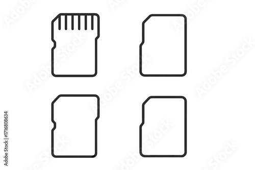 MicroSD memory card thin line icon set. Editable stroke vector illustration for web and apps. Digital data storage, flash drive, and mobile memory chip symbols. Outline graphic.