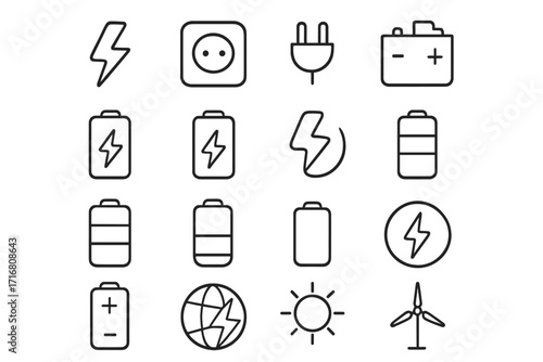 Energy and power line icon set. Linear icons of electricity, battery charger, plug, socket. Renewable green energy: solar, sun, wind turbine. Vector symbols with editable stroke.