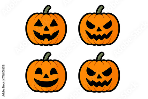 Halloween pumpkin jack o lantern icon set. Vector cartoon illustration with different emotions. Spooky scary evil and cute happy smiling faces. Holiday symbol collection.