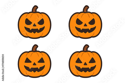 Set of Halloween pumpkin jack o'lantern icons. Spooky scary cartoon faces with different emotions. Vector illustration collection for autumn holiday design. Evil character.