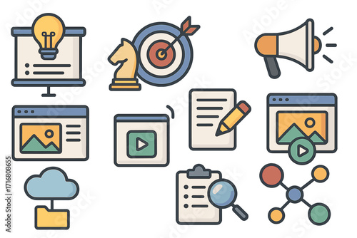 Digital marketing agency icon set. Flat vector illustration for business strategy, SEO, content creation, social media promotion, and data analytics. Infographic elements.