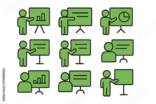 User by green presentation board icons set, minimalistic linear pictograms with filled color style for web, graphic design, apps, social media banners, and business cards