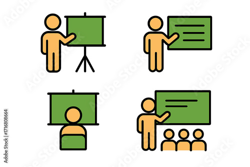 Minimalistic Vector Icons of Person Presenting by Green Presentation Board, Filled Color Pictograms for Business, Education, Web, Graphic Design, Apps, Social Media, and Banners