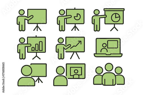 User by green presentation board filled icon set, minimalistic linear pictogram for web and graphic design, business presentation, online meetings, teamwork, data charts, digital communication