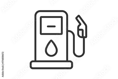 Gas station pump icon with fuel nozzle. Petrol, gasoline, and diesel refueling concept. Vector line art illustration for energy, oil industry, transport, and automotive themes.