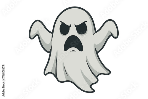 Scary ghost Halloween cartoon character. Spooky angry spirit monster illustration. Frightening phantom for holiday design. Eerie poltergeist vector icon. Grumpy face boo!