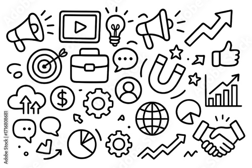 Business marketing strategy doodle icon set. Hand drawn finance, seo, growth concepts. Promotion, analytics, partnership, idea generation. Vector line art illustration.