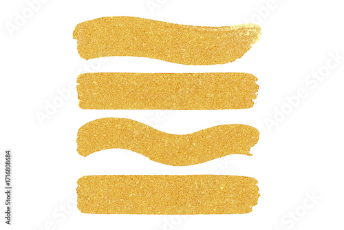 Gold glitter texture brush strokes vector set. Isolated golden sparkle paint swatch collection. Shiny luxury design element for background, banner, frame or border.