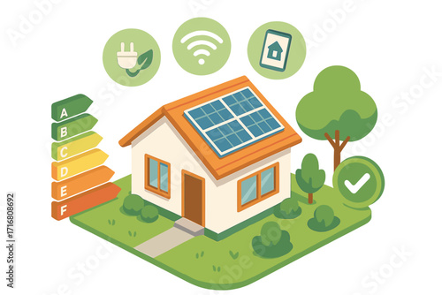 Energy efficient house with solar panels. Smart home technology and green energy. Sustainability and renewable power concept. Energy certification chart. Isometric vector cartoon.