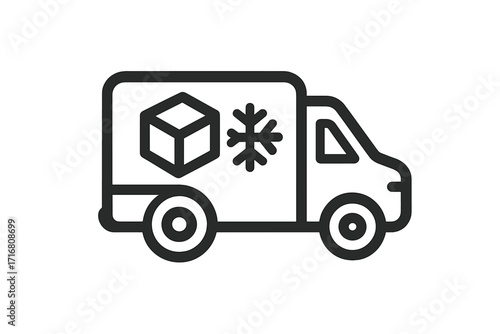 Minimalistic line icon of refrigerated delivery van with ice cube and snowflake symbol, vector cartoon illustration for web design, apps, banners, social network, and cards