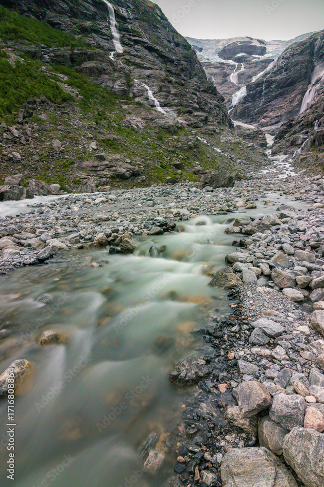Fototapeta premium View of Kjenndalsbreen glacier next to Lovatnet lake (Norway)